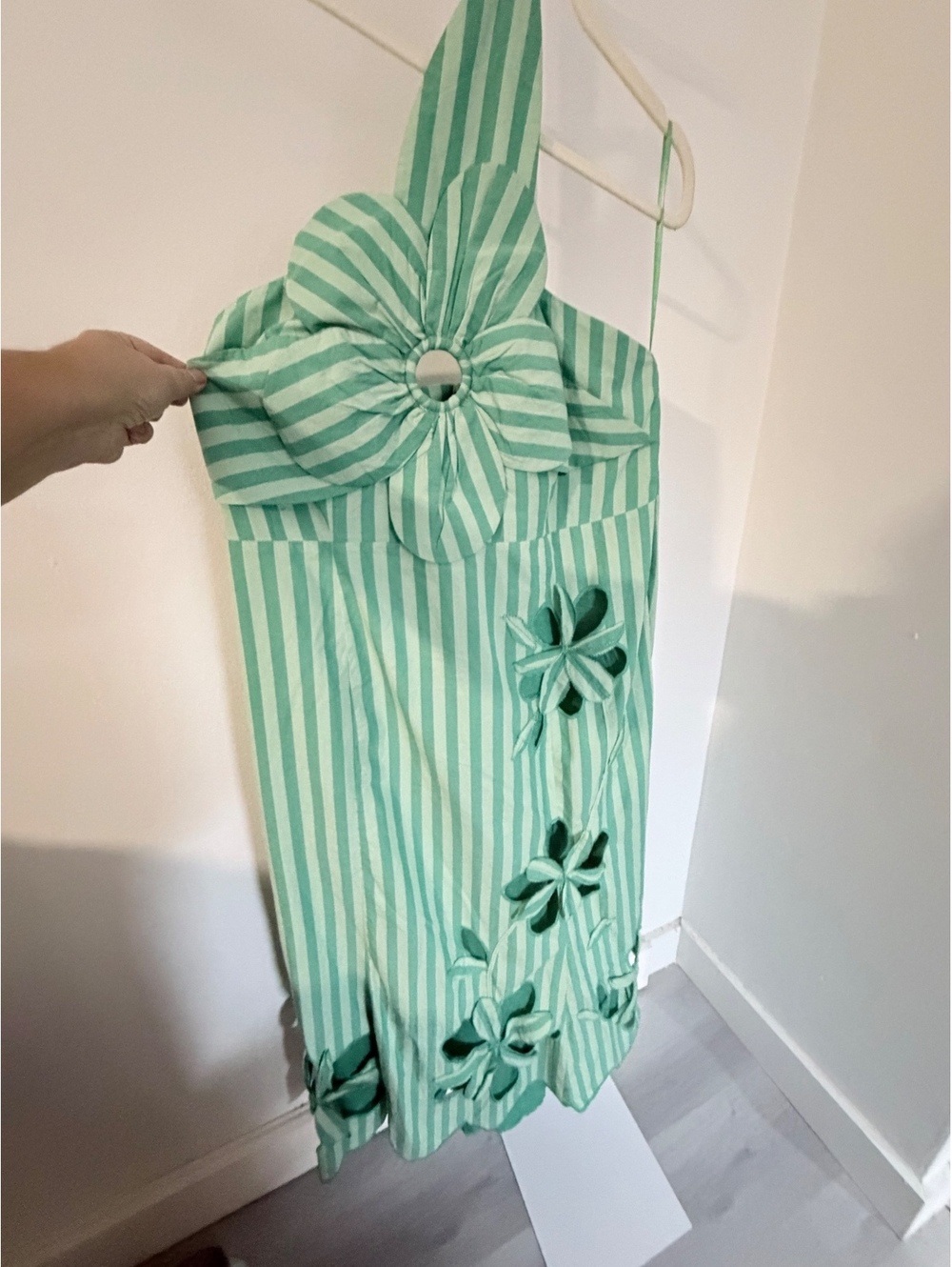 NWT Maeve Women's 2X Green and White Striped Halter Dress with Floral Appliqués